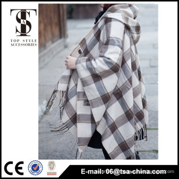 Hight Quality Check Winter 100% Acryl gesäumten Poncho